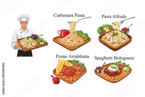 A delightful array of classic italian pasta dishes prepared by a skilled chef. Food vector Icons Set.
