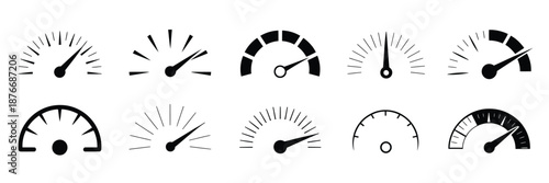 Flat dashboard gauge icons including speedometer and tachometer vectors, showcasing vehicle instrument panels, internet speed symbols, performance indicators, dashboard interface elements