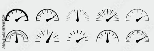 Flat dashboard gauge icons including speedometer and tachometer vectors, ideal for vehicle interfaces, high-speed internet symbols, performance measurement graphics, modern flat design