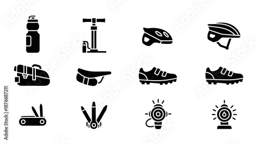 Cycling icons set: silhouette style of helmets, pumps, and gear for outdoor adventures