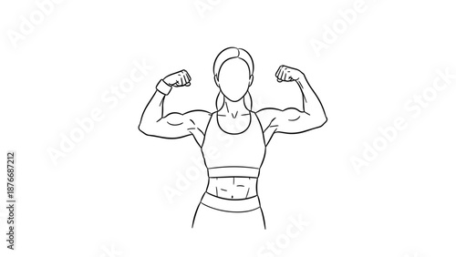Strong woman in athletic pose showing muscles in linear design