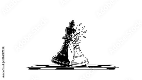 Monochrome chess pieces collide on checkered background