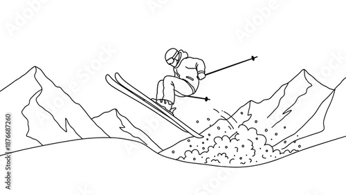 Line art of skier jumping in snowy mountain landscape