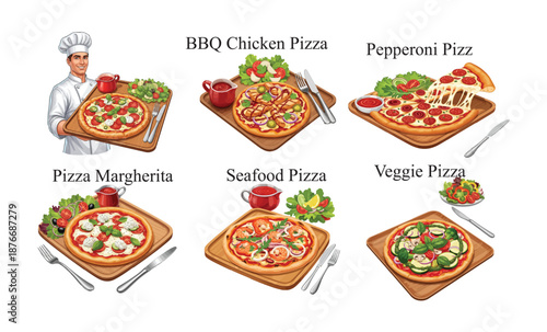 Cheerful chef presents a delicious array of classic and specialty pizzas for every taste. Food vector Icons Set.