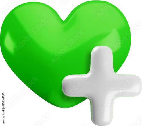 Vector cartoon 3d health and medical care icon. 3d render of green heart with white plus sign. Medicine, hospital, wellness and first aid symbol. First aid kit, life and healing game icons