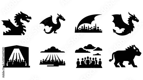 Dragon and buffalo silhouettes with crowd and nature elements