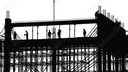 Construction workers silhouetted on scaffolding at sunset with vertical rebar, teamwork, industrial site, labor safety, building structure progress