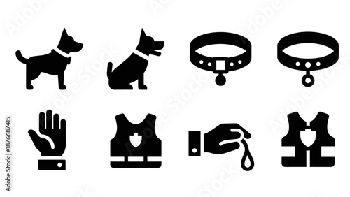 Dog training and safety icon set featuring pets, accessories, and gear in bold silhouette style