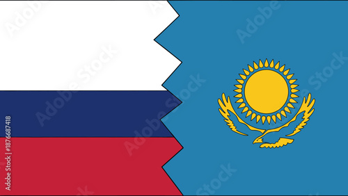 Flags of russia and kazakhstan with zigzag seam on blue and red background