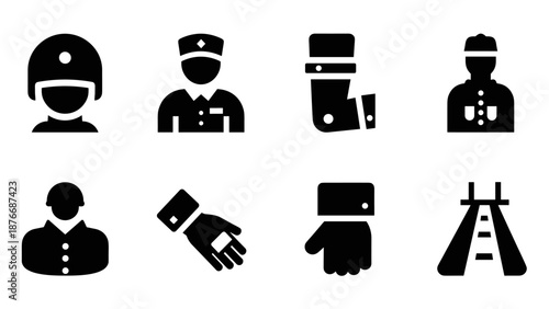 Black and white icons of police, guard, and uniform elements