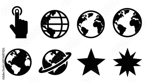Silhouette icons of earth, stars, and hand gesture for modern minimalist design