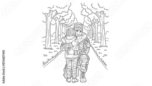 Soldier reunion: heartwarming hug in a serene forest path