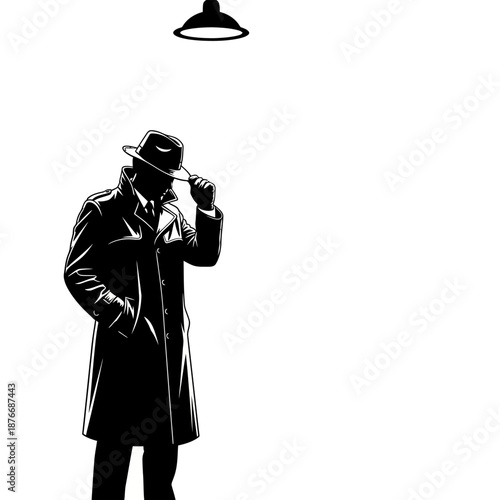 Silhouette of a detective in a trench coat and fedora hat.