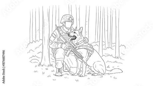 Soldier and dog in forest outline style