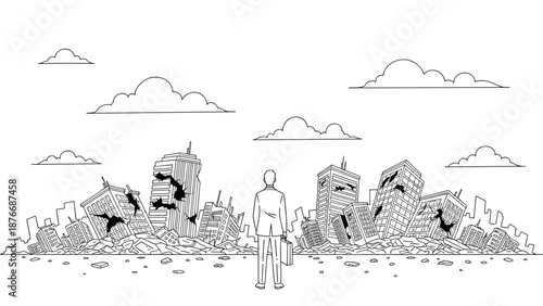 Businessman facing skyscraper ruins in minimalist urban landscape with broken buildings