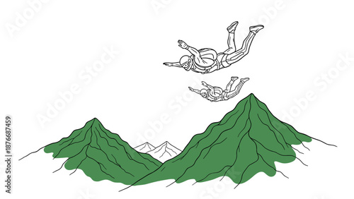Adventurous skydiving duo over majestic green mountains in minimalist style