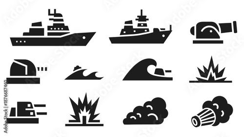 Naval icons set: battleship, cannon, waves, and explosions in silhouette style