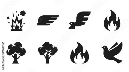 Set of minimalist silhouette icons: fire, bird, tree, explosion