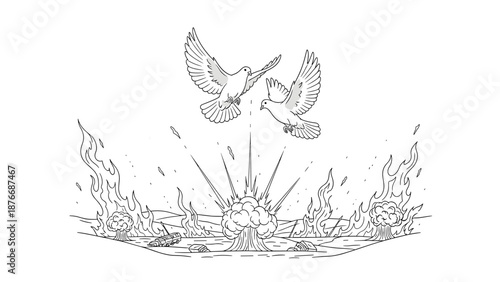 Doves above explosive chaos: hope and destruction in contrasting elements