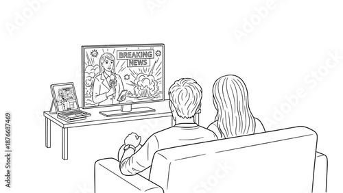 Couple watching breaking news on tv in living room, linear outline style