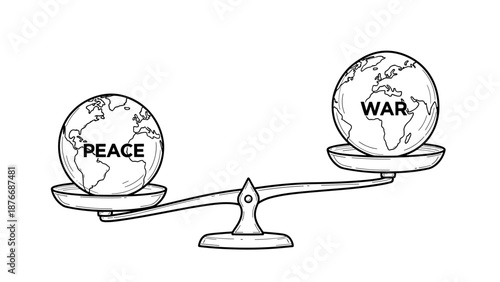 Balance between peace and war: conceptual black and white line art