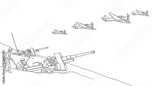 Military artillery and aircraft in action - war scene in linear style drawing