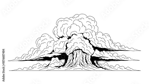 Black and white outline of explosive cloud formation with intricate details