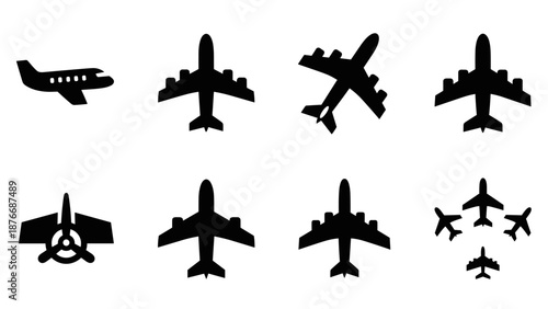 Silhouette airplane icons collection: minimalist aircraft designs for aviation themes