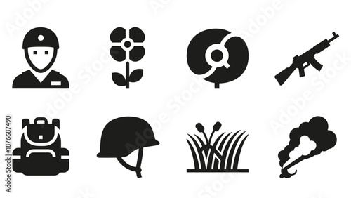 Military silhouettes: soldier, equipment, nature and warfare icons
