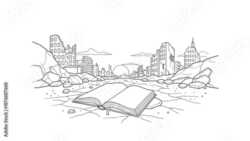 Open book in post-apocalyptic cityscape with ruined buildings and cracked ground