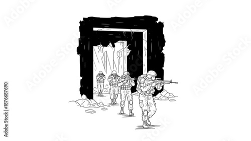 Black and white sketch of soldiers advancing through a ruined tunnel