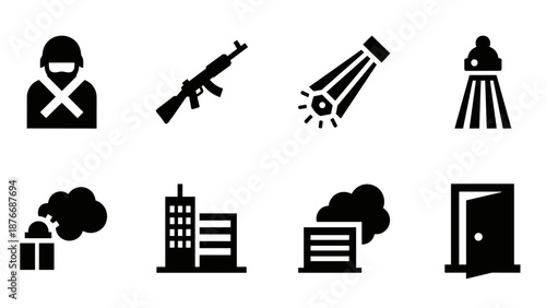 Military and urban silhouettes: combat gear, architecture, and environment icons