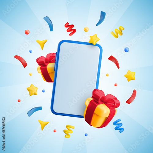 Vector cartoon 3d festive gift smartphone banner. Cute mobile phone mockup with confetti, star, sparkles, gift boxes on sunburst striped blue background. 3d winner, congratulation concept.