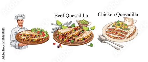 A smiling chef presents a delicious assortment of beef and chicken quesadillas. Food vector Icons Set.