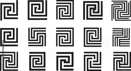 Grid of Greek Key and Maze Style Square Patterns Keywords: greek key, maze, labyrinth, geometric, pattern, square, design, icon, symbol, graphic