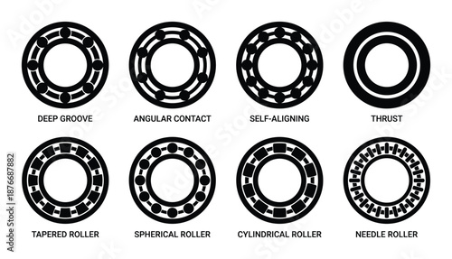 Different types of rolling bearings vector illustration for mechanical engineering design.