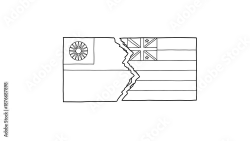 Line art of a torn flag with union jack and compass design