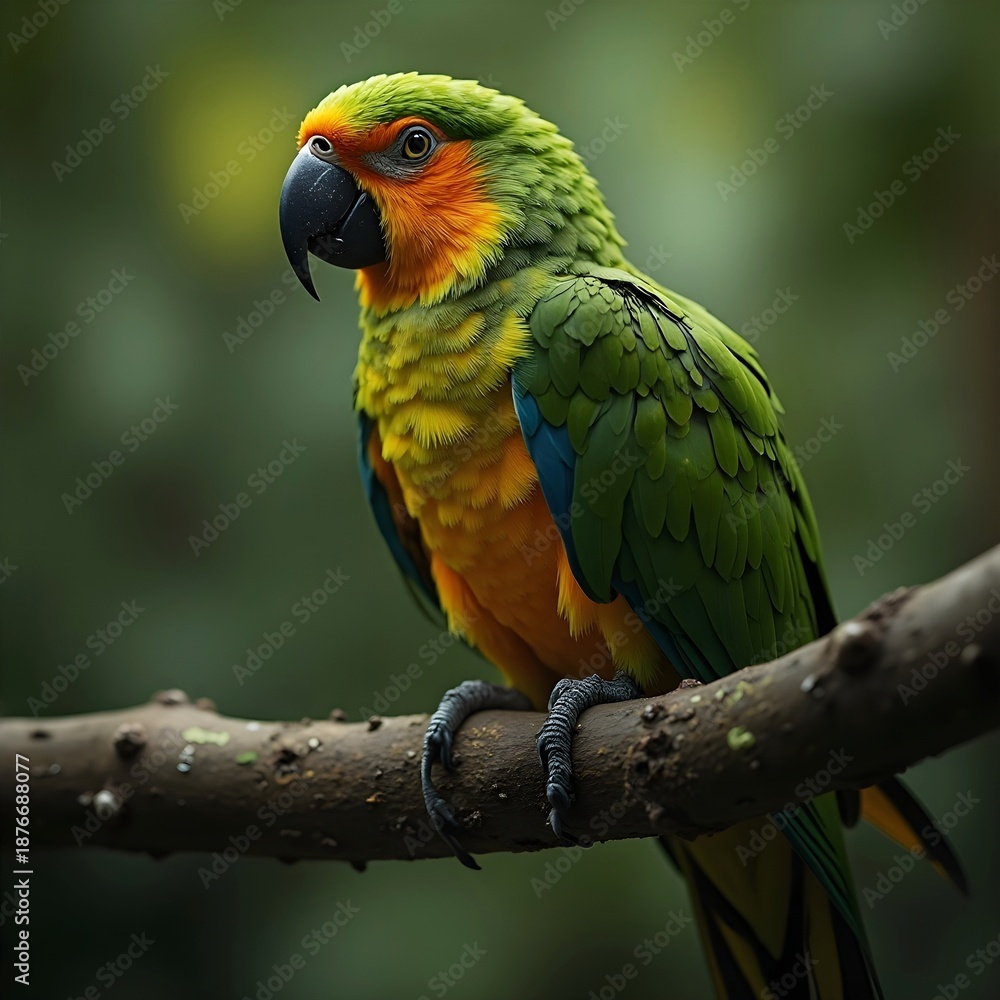 Obraz premium Colorful lorikeet parrot perched on a tree branch, with a blurred nature background.