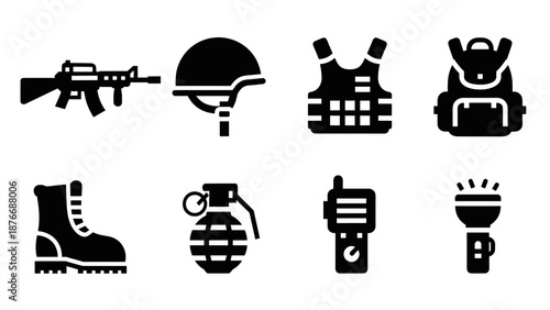 Military gear set: silhouette icons of weapons, helmet, vest, and more