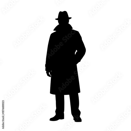 Silhouette of a man in a hat and trench coat standing.