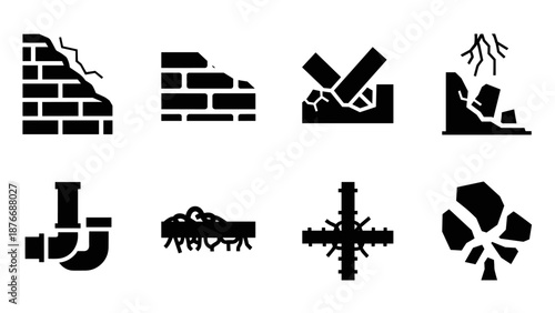 Silhouette icons of infrastructure damage and construction challenges