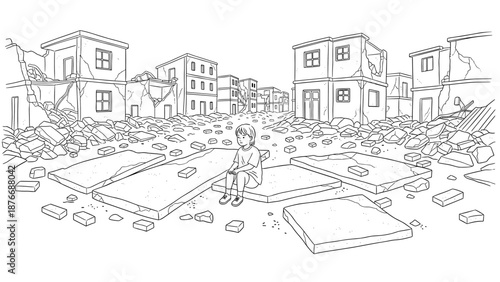 Child sitting amid ruins in earthquake-affected cityscape line art