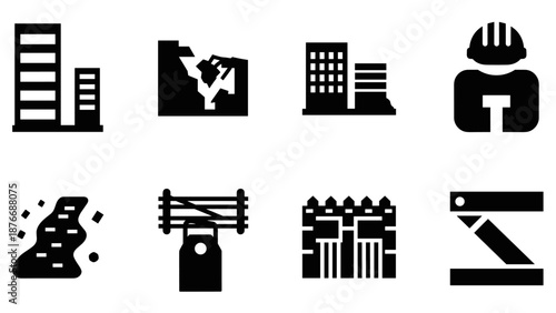 Silhouette set of construction and building icons with hard hat and tools