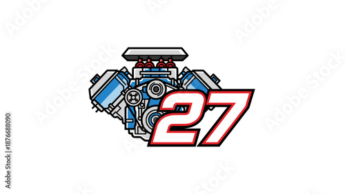 V8 Engine with Number 27 Racing Automotive Mechanical.