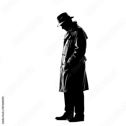 Silhouette of a man in a trench coat and fedora hat.