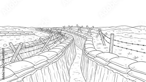 Detailed world war one trench line drawing with sandbags and barbed wire