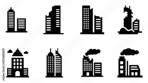 Silhouette set of urban buildings: skyscrapers and factories in various stages