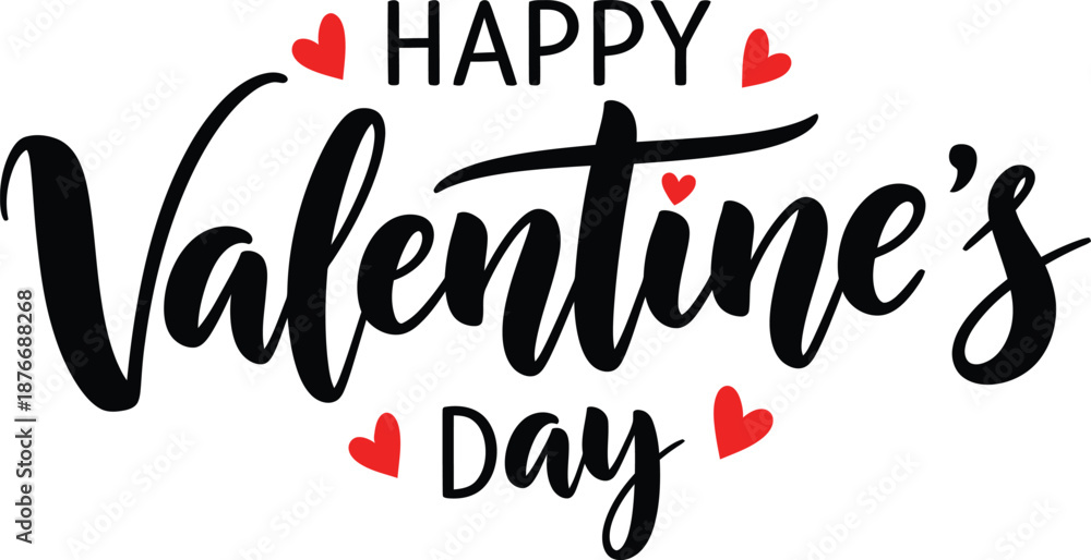 Obraz premium Happy Valentine's Day Text with Red Hearts on White Background Keywords: Valentine's Day, love, romance, greeting, celebration, holiday, text