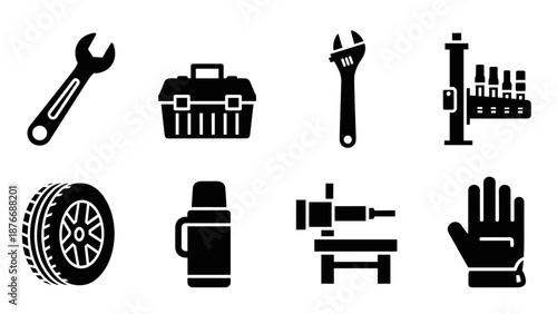 Black silhouette tool and equipment icons for maintenance and repair