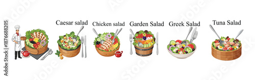 A vibrant collection of diverse fresh salads featuring caesar, chicken, garden, greek, and tuna varieties. Food vector Icons Set.